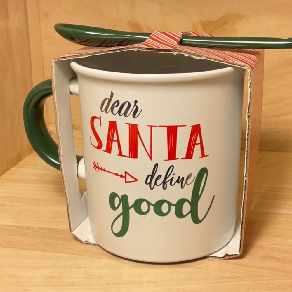 “dear Santa—define good” Christmas mug w/spoon-BOTH stoneware